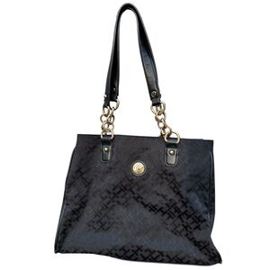Tommy Hilfiger Black Gold Chain Logo Print Shoulder Bag Faux Leather Trim Purse